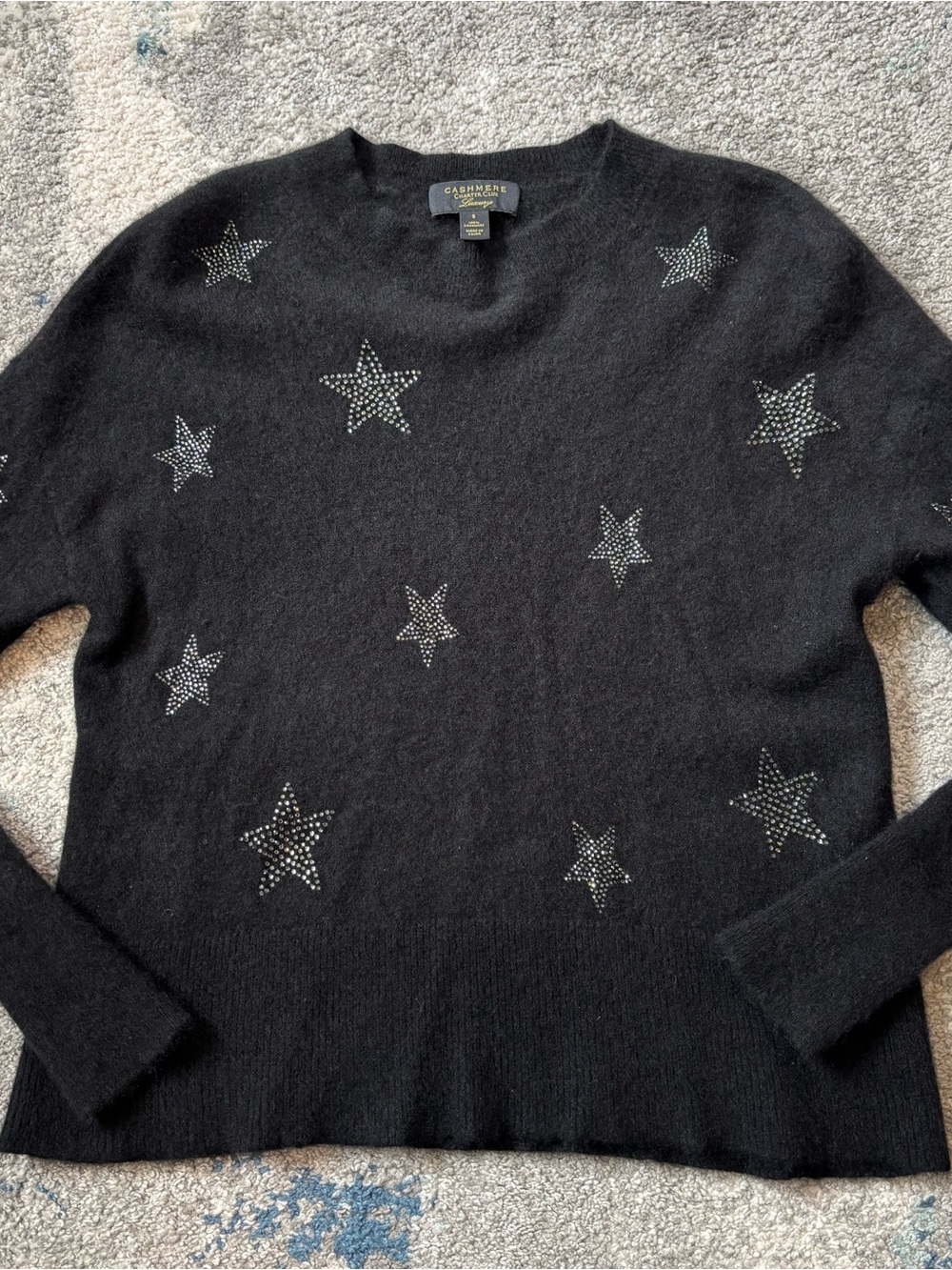 Cashmere Crewneck Sweater with Star Stud Details Black Sz S